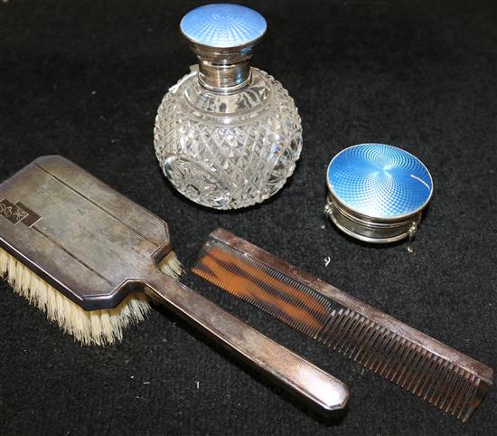 Guilloche enamel & silver-mounted cut glass toilet bottle, similar silver trinket box & two-piece dressing table set